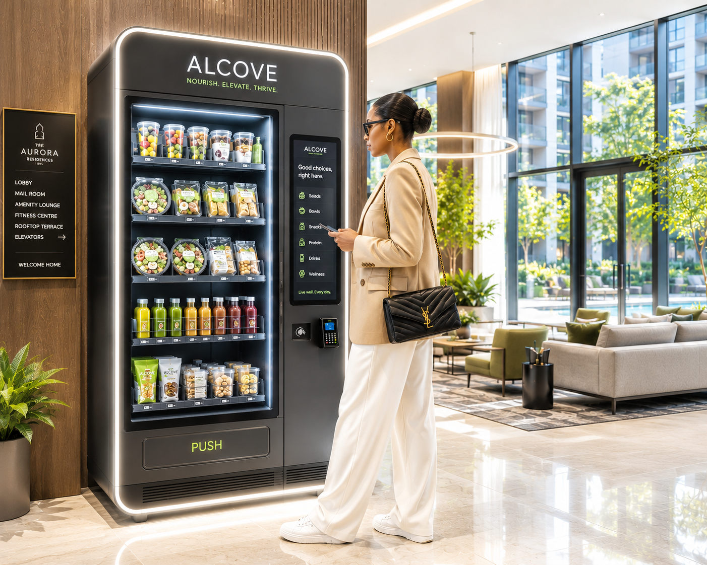 Sleek Alcove smart vending machine with healthy snacks, fresh meals, and beverages in a modern condo lobby